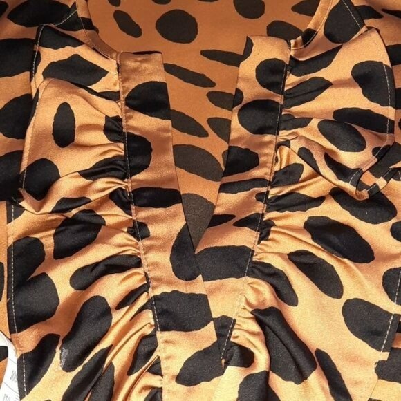 JCrew Brown & Black Wavy Polka-dots Ruffle Vneckline Button Cuffs Tunic Size XXS - Picture 5 of 5